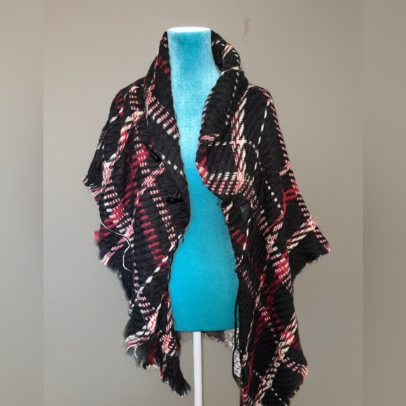 Sweaters - Plaid Fringe Shawl Wrap